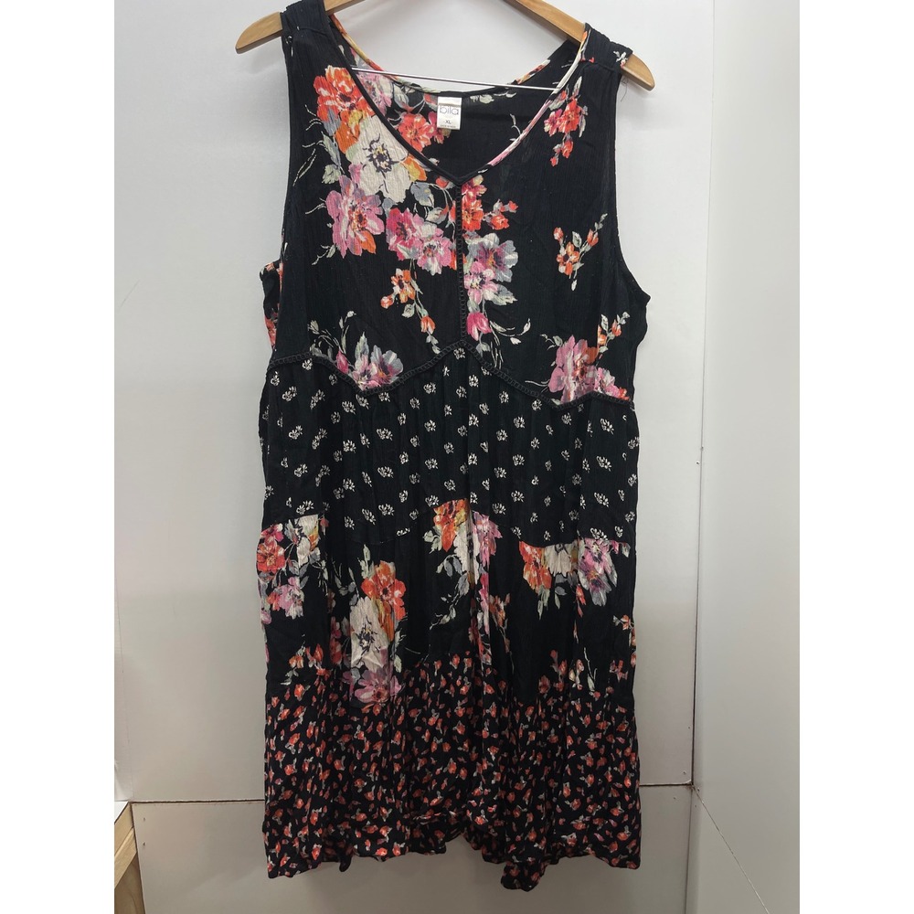 Bila Floral Sleeveless Mini Dress Black Mixed Print Boho Tiered Babydoll XL